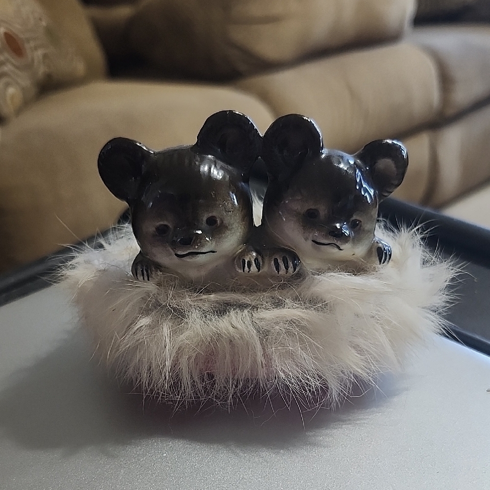 Ceramic koala bears in basket figurine with fur lined basket. Vintage Japan